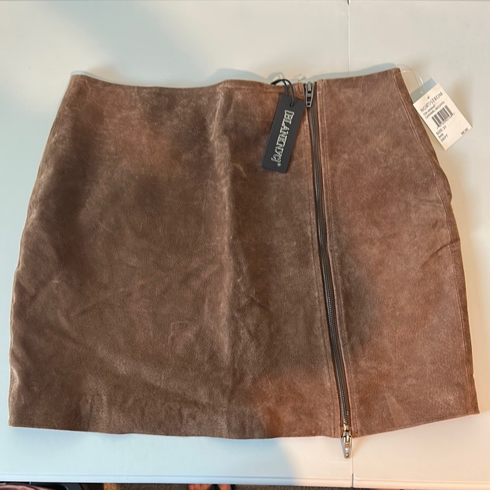 Blank NYC Brown Asymmetrical Suede Genuine Black Leather Mini Skirt